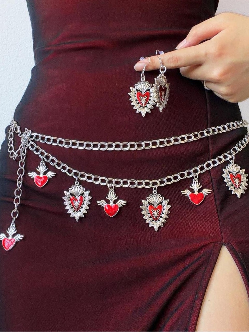 Silver Y2K Chrome Heart Style Waist Punk Chain Goth Belt + Earrings Set